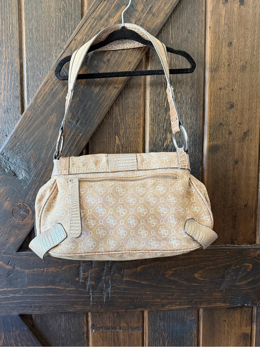 Vintage Guess Y2K Monogram Jacquard Shoulder Bag Beige Croc Buckle Purse Sleaze